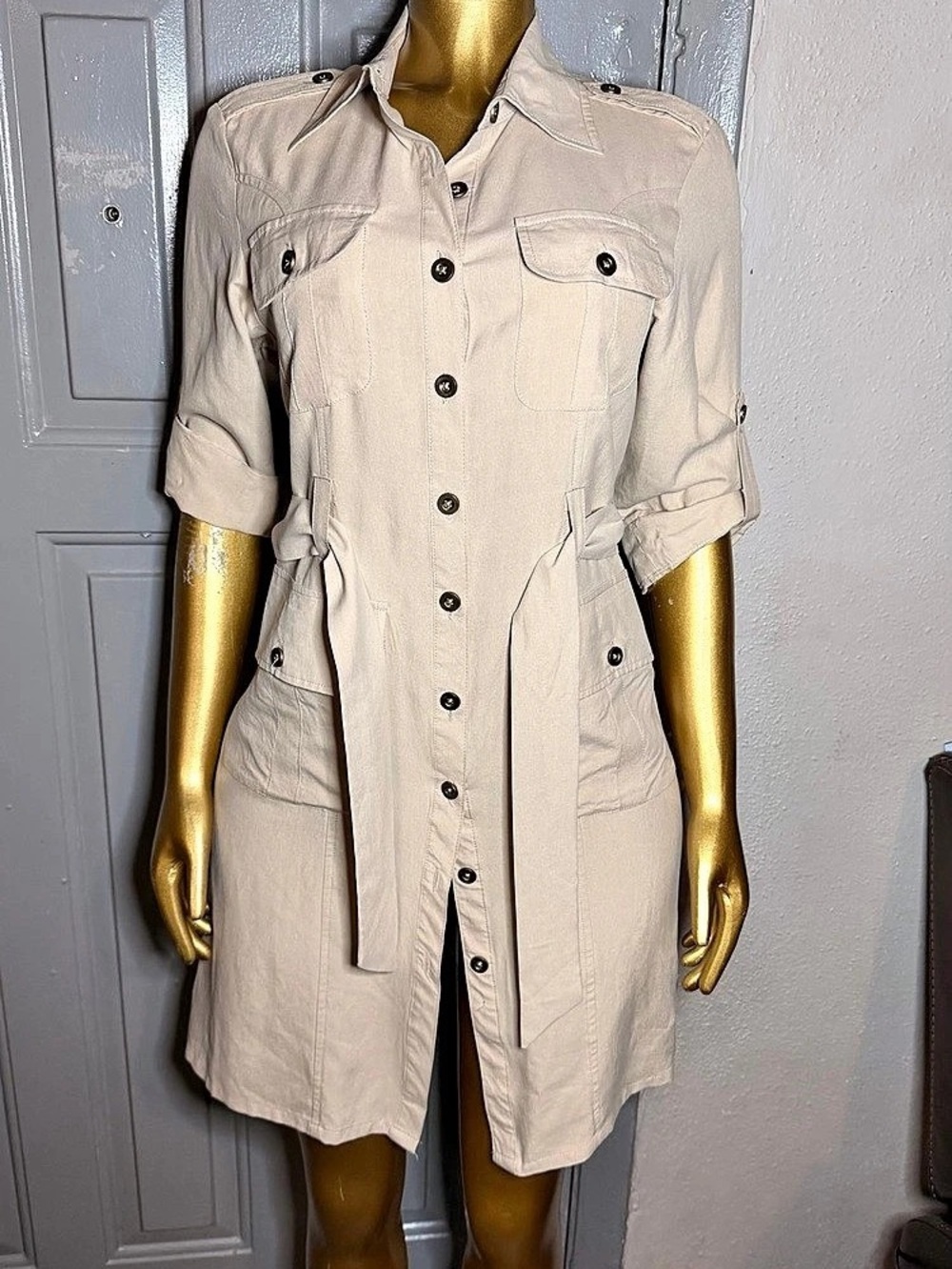 MG Silk Collection Silk Shirt Dress in Beige Like New